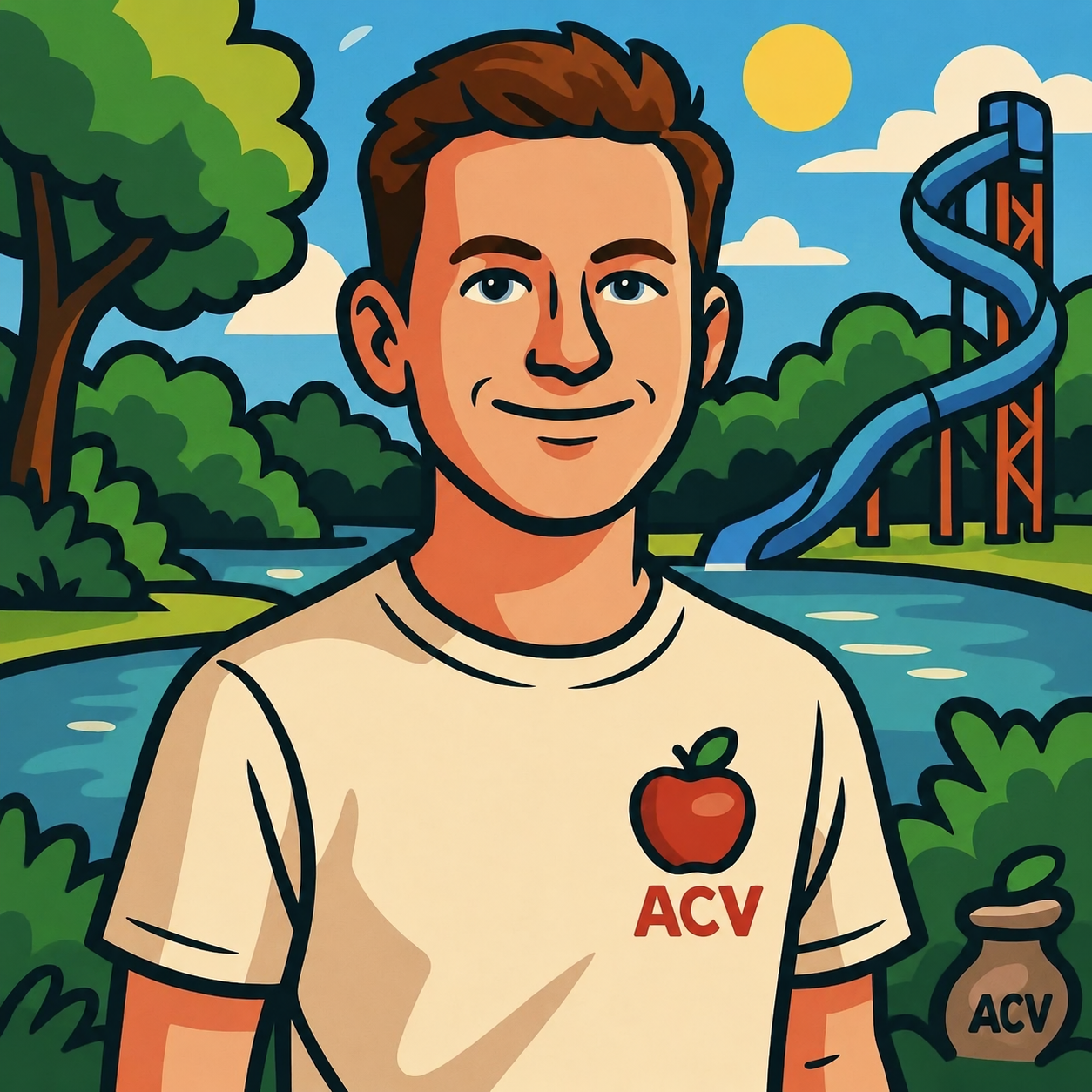 Color illustration of Nic Cook wearing an ACV shirt beside a pool